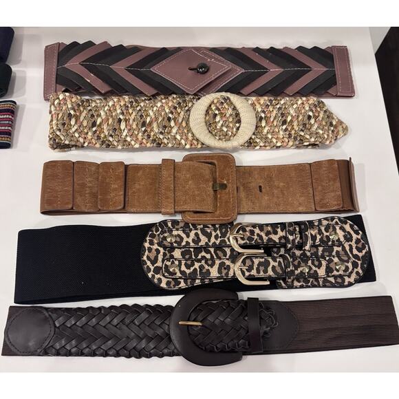 5 Vintage 80\'s 90\'s Womens Stretch Belts Wide Retro Glam Corset Animal Print Lot